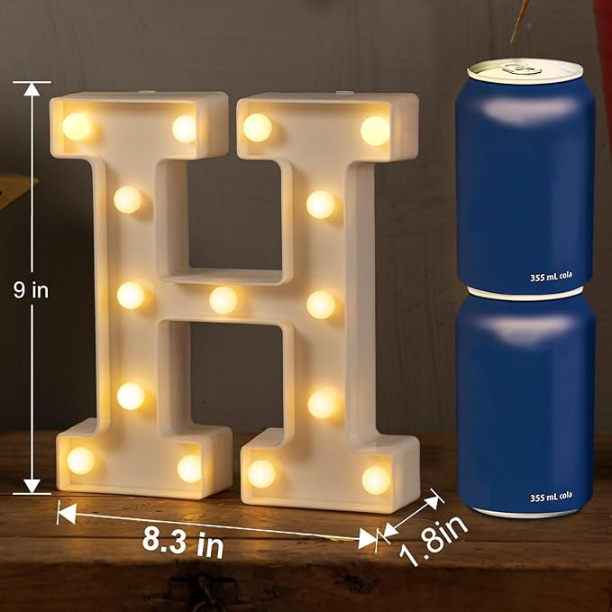 HXWEIYE Light Up Letters H, 8.57 Inch LED Marquee Letter Lights Sign 26 Alphabet and 10 Number Big Lights Letter for Party Birthday Bar Battery Powered Christmas Decor (9 * 8.3 * 1.8IN)-Warm White