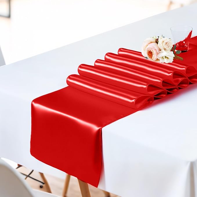 SHEJIZE 2 Pack Satin Red Table Runner 12x108 Inches Long, Bright Silky Smooth Satin Table Runner Table Decor for Wedding Banquet Christmas Prom Event Birthday Party