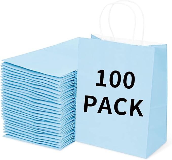 BAG BOX 100 Pack Medium 8.25x4.3x10.6 Inch Blue Kraft Paper Gift Bags with Handles for Bulk Shopping, Retail, Craft, Party Favors, Wedding, Grocery & Sacks