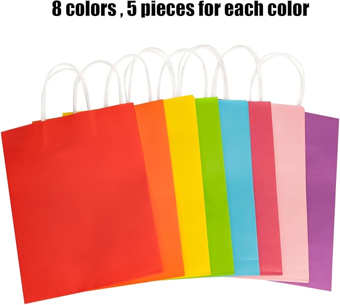Bekoetoz 40 PCS White Kraft Paper Gift Bags With Handles 8 Colors 10.6 * 8.3 * 4.3 Inch Bulk Gift Bags For Birthdays,Weddings,Baby Showers,Party Favor,Goodie Bags(Medium,Rainbow)