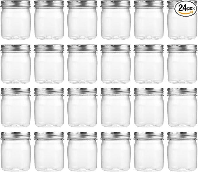novelinks 8 oz Clear Plastic Jars with Screw-On Lids - BPA-Free Refillable Storage Containers for Slime, Spices, Crafts, Kitchen & Home Organization (24 Pack,Silver)