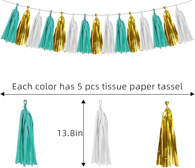 White Gold Teal Party Decorations – 15Pcs Tissue Paper Tassel Garland for Women BirthdayDecoration Wedding Baby Shower Bridal Shower Bachelorette Engagement HongTongTong