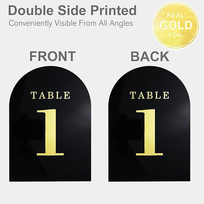 Wedding Table Numbers 1-20, Acrylic Arch Signs with Natural Wood Stands Holders, Rustic Table Decor for Reception & Parties (Black Gold)