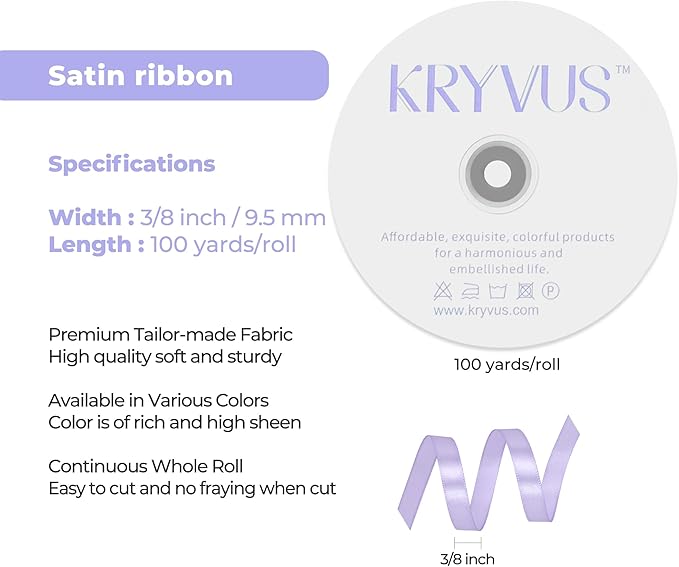 Lavender Satin Ribbon 3/8 inch X Continuous 100 Yards, Single Face Polyester Ribbon Perfect for Gift Wrapping, Flower Bouquet, Wedding Decor, Crafts, Bow Making, Sewing and More