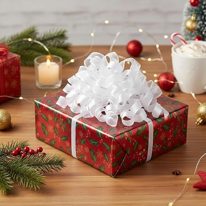 CT CRAFT LLC White Satin and Sheer Curly Ribbon Bow 6" Long x 6 Counts Gift Wrapping Pre-Tied Self-Adhesive Tab for Birthday Present Box Wine Bottle Baby Shower Party Christmas Hanukah