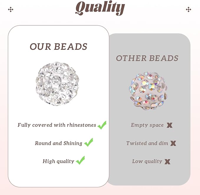 200pcs 10mm Rhinestone Beads for Jewelry Making, Pink White Shiny Round Disco Ball Beads Bulk, Sparkle Crystal Clay Christmas for Bracelet Baseball Necklace Earring Crafting and DIY