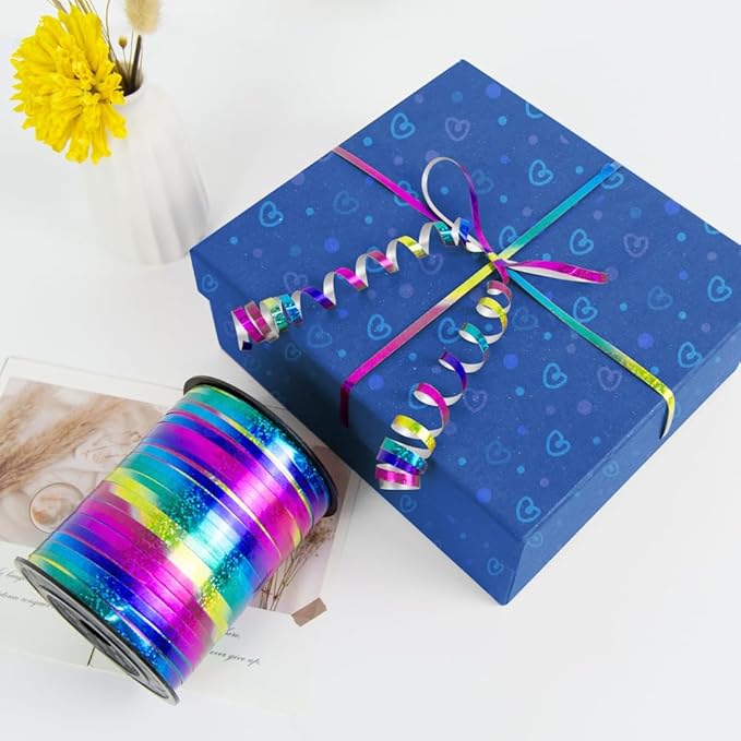 KMER LIFE Premium Rainbow Shiny Curling Shiny Ribbon, 1/5" Wide x 500 Yards Christmas Curling Ribbons for Gift Wrapping, Party Decoration, Balloon String, Ribbons for Florist Flower (1 Roll)