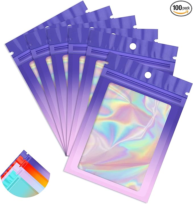 Funfery 100 Pack Holographic Bags,Mylar Resealable Bag with Zipper,Clear Window Packaging Pouch,Foil Bags for Food Storage,Sample Jewelry Baggies(4×6in,Purple Pink)