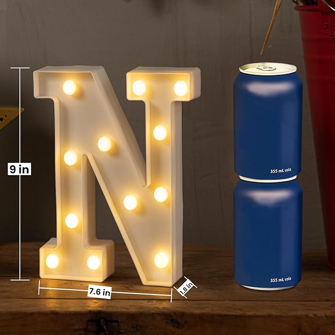 HXWEIYE LED Marquee Letters Lights Sign N, 26 Alphabet 8.57 Inch Light Up Letter and Number 0-9 Number Warm White Led Letters for Bar Party Birthday Home Wedding Décor (9 * 7.6 * 1.8IN)