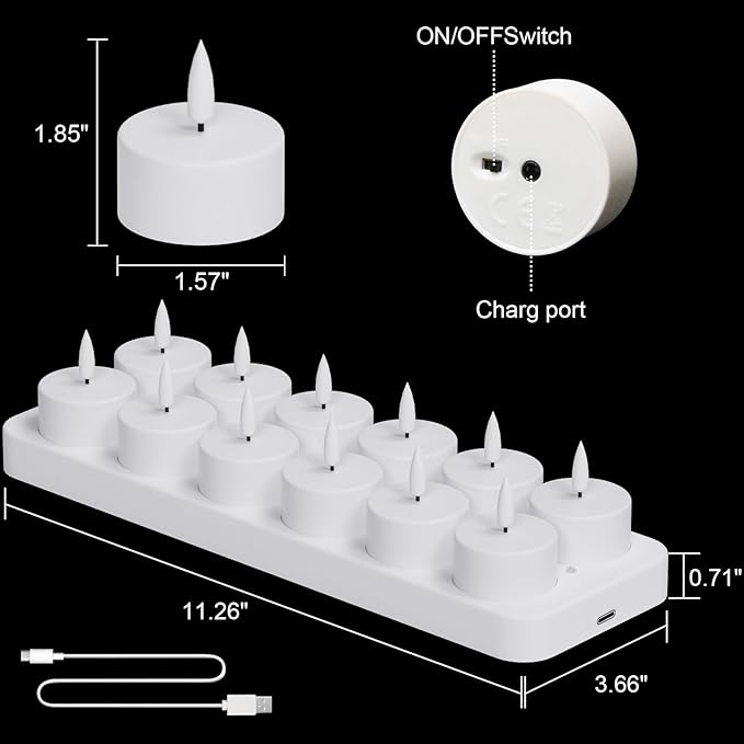 Rechargeable Tea Lights Candles Battery Operated, 12 Pcs White Battery Tea Lights with Remote and Charging Base, LED Flickering Tealights for Halloween Fall Christmas Decoration
