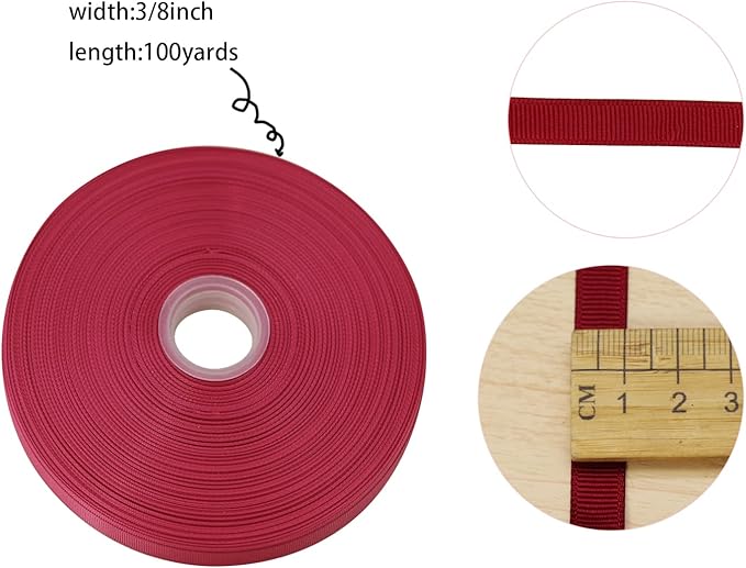 Jesep One Roll 100 Yards 3/8" Soild Grosgrain Ribbon Boutique Gift Wrapping Package Ribbon, DIY Crafts Bow Hair Headband Accessories Assorted Ribbon#790 (3/8" 10mm, Maroon)
