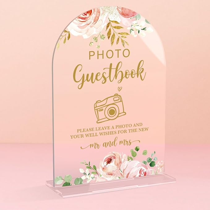 Acrylic Wedding Signs, Bridal Shower Decorations, Photo Guestbook Signs for Reception, Modern Calligraphy Arch Acrylic Table Top Sign for Wedding Reception and Engagement Parties (Clear Pink Flowers)