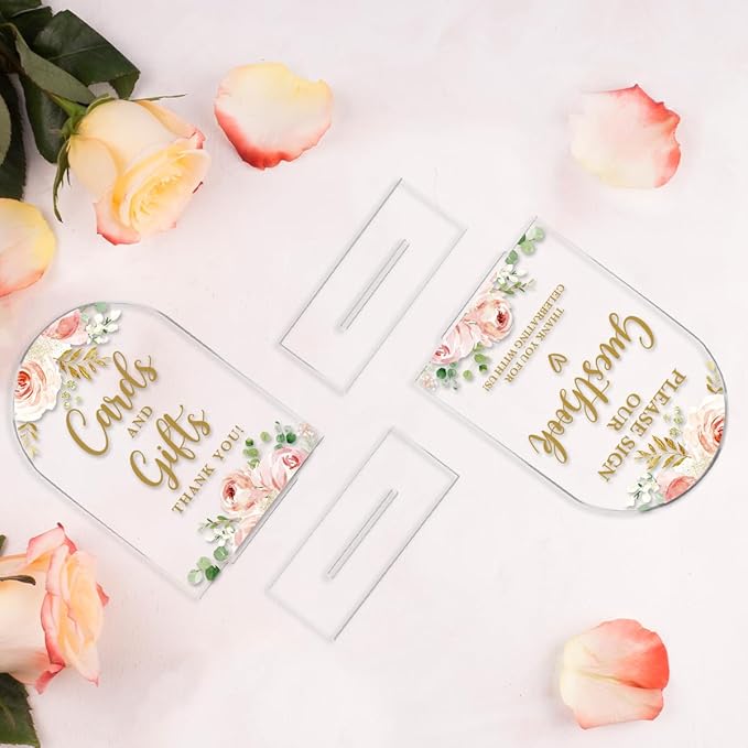 2 Pcs Acrylic Wedding Signs for Reception, Bridal Shower Decorations, Cards and Gifts Signs, Guest Book Sign, Arch Acrylic Table Top Sign with Holder for Wedding Reception (Clear Pink Flowers)