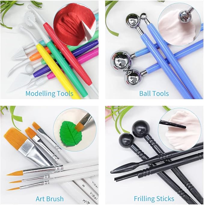 60pcs Gum paste Flower and Leaf Tool 6set Fondant Flower Silicone Molds 6set Gum Paste Cutter 20pcs Sugar Paste Modelling Tool 6pcs Brushes 1pcs Petal Leaves Veining Board Foam Pad