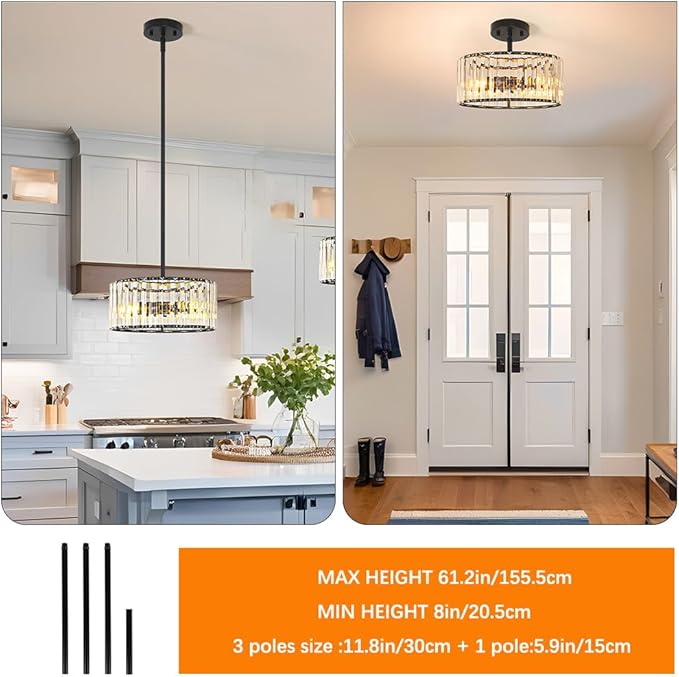 Black 3 Light Crystal Chandelier, Modern Dining Room Light Fixture over Table, Round Kitchen Lighting Fixture, Farmhouse Semi Flush Mount Ceiling Pendant Light for Living Room Bedroom Hallway Entryway