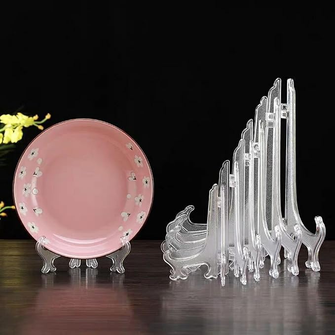12 Pack 5 Inch Clear Plastic Easels or Stand/Plate Holders to Display Pictures or Other Items at Weddings, Plate Stands for Home Decoration, Birthdays, Tables