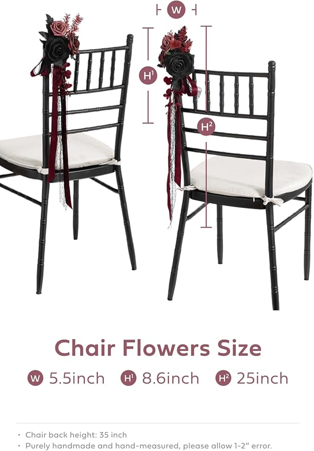 Ling's Moment 8 Wedding Artificial Aisle Pew Flowers Chair Decorations Arrangements with Chiffon Ribbons Black Burgundy for Ceremony Chair Back Floral Decor Reception Church Rose Party Outdoor