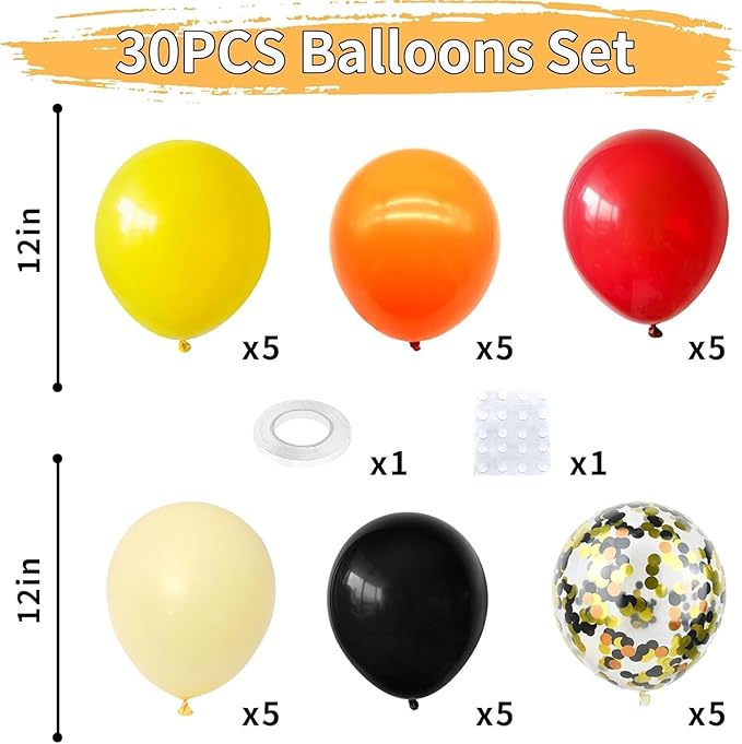 Orange Red Yellow Black Balloons, 12 Inch Colorful Latex Balloons with Black Yellow Confetti Balloon, for Race Car Construction Birthday Baby Shower Carnival Party Decorations