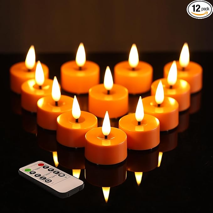 Eywamage Orange LED Tealights with Remote Batteries, Flickering Fall Halloween Flameless Tea Lights Votive Candles Set of 12