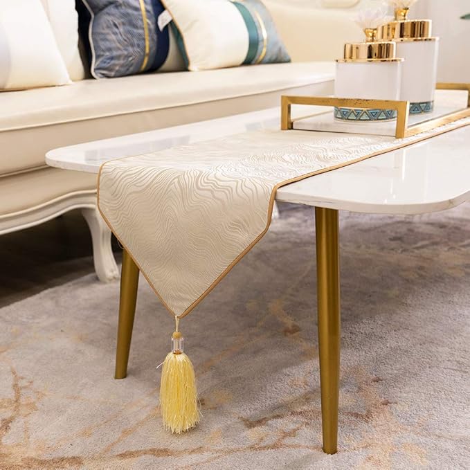Avigers 12 x 108 Inch Decorative Luxury Abstract Striped Beige Table Runners with Tassels for Home Living Room Bedroom Art Decor Wedding