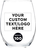 Custom Stemless Wine Glass 9 oz. Set of 100, Personalized Bulk Pack - Great for Wedding Favors, Bachelorette Party Decorations, Party Favors, Color Bottom - Clear
