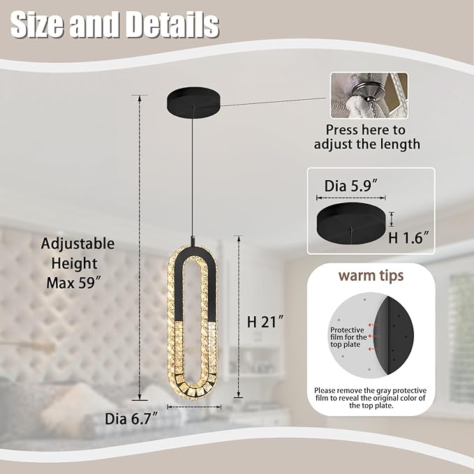 Modern Pendant Lighting 1-Light Chandelier Black Pendant Light Indoor Hanging Light Fixture for Kithchen Island Dinning Room Bedroom