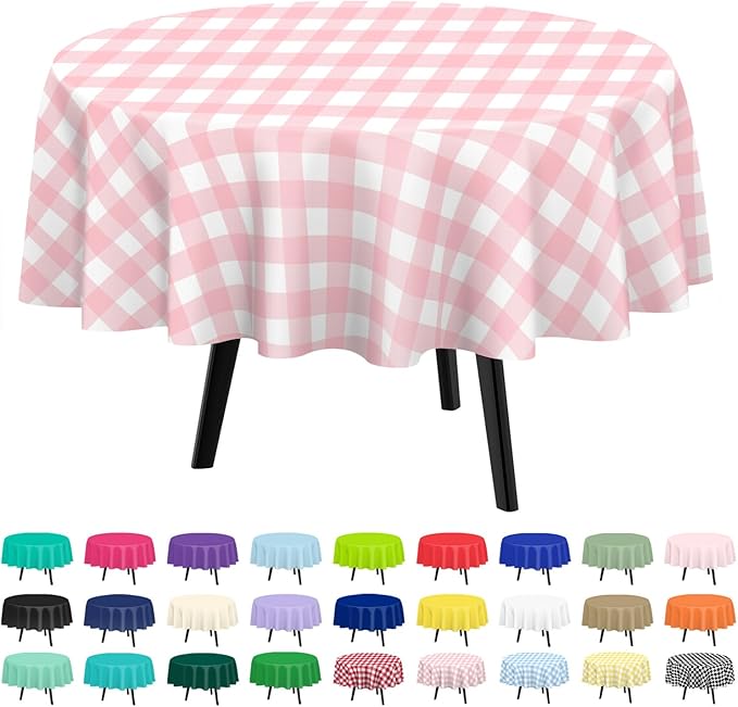 QIKSION Pink Gingham Round Tablecloth 12 Pack, 84 Inch Plastic Checkered Table Cover Disposable for Parties