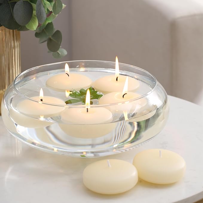 12 Pack Floating Candles, 3” Ivory Unscented Dripless Wax Burning Candles, for Weddings, Party, Cylinder Vases, and Home Decorations…