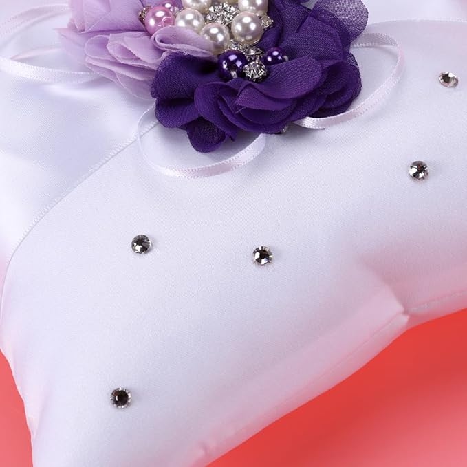 PRETYZOOM Pillow Ring Bearer Wedding Ring Pillow Wicker Flower Crown Decorative Pillows Pearl Rings Flower Girl Accessories Promise Rings for Couples Bride Vintage Jewelry Purple Lovers