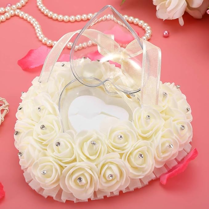 Hilitand Wedding Cushion Pillow Romantic Heart Shaped Wedding Box Rose Rhinestone Decorative Jewellery Boxes(Milky White)