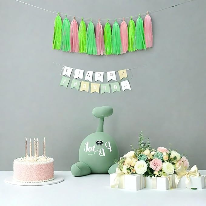 Green Light Green and Pink Tassel Garland Banner Paper Tassels for Party Decorations,Pack of 15