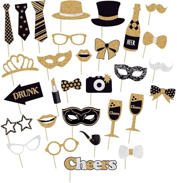 30 Pieces Black Golden Photo Booth Props for Birthday Wedding New Year Party,Mix of Hats, Mask, Lipstick, Tie, Crowns and More Funny Selfie Props