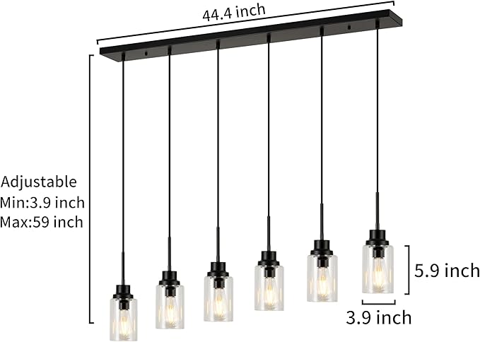 6 Lights Island Lights for Kitchen Modern Industrial Black Linear Chandeliers with Clear Glass Shade for Dining Room Kitchen Long Finish Ceiling Lighting Fixtures