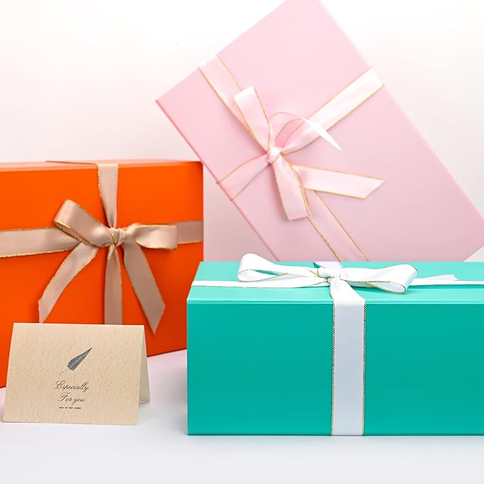 LIFELUM Large Gift Boxes with Lids,5 Pack 13.85 x 8.35 x 4.45 inch Rectangle Collapsible Gift Boxes with Ribbon,Card,Shredded Paper Filler Gift Boxes for Presents,Christmas,Birthdays