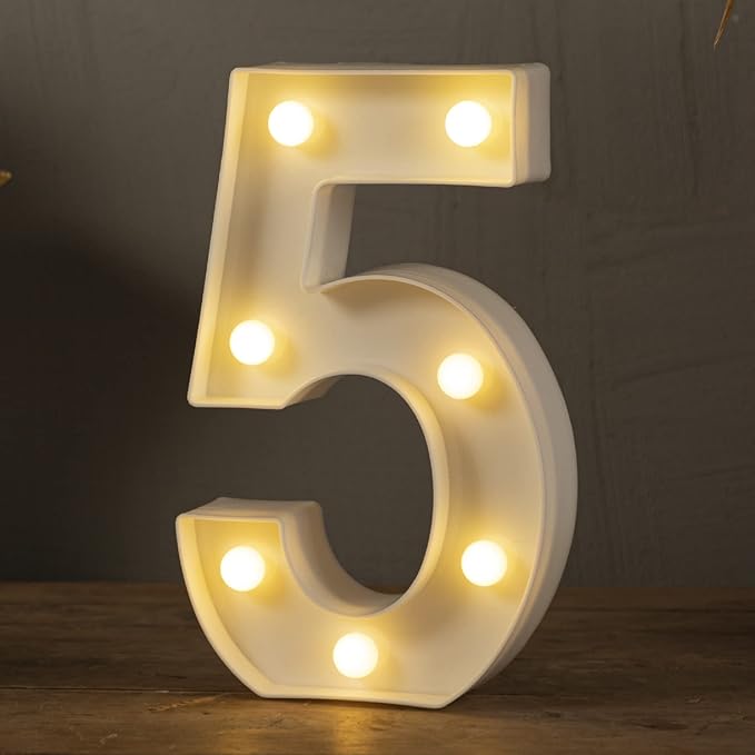 HXWEIYE Light Up Numbers-5, LED Marquee Number Lights Sign 26 Alphabet and 10 Number Big Lights Led Letters for Party Birthday Bar Battery Powered Christmas Decor Letter Lights (Warm White)