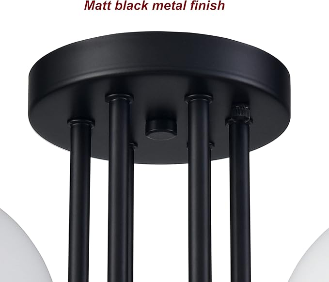 Modern 6-Light Black Metal Semi Flush Mount Ceiling Light With Globe White Glass Shade for Living Room Bedroom - Sputnik Chandelier Light Fixture