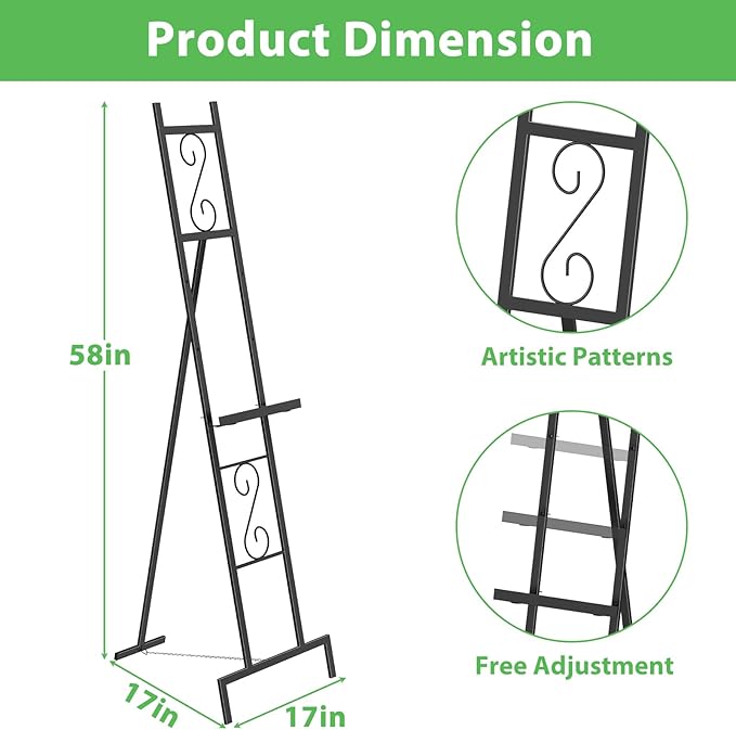 Skcoipsra 58IN Black Easel Stand for Sign, 3 Tier Adjustable Larger Wedding Welcome Sign Holder, Art Poster Display Stand Free Standing with Chain, 17x17x58 Inch