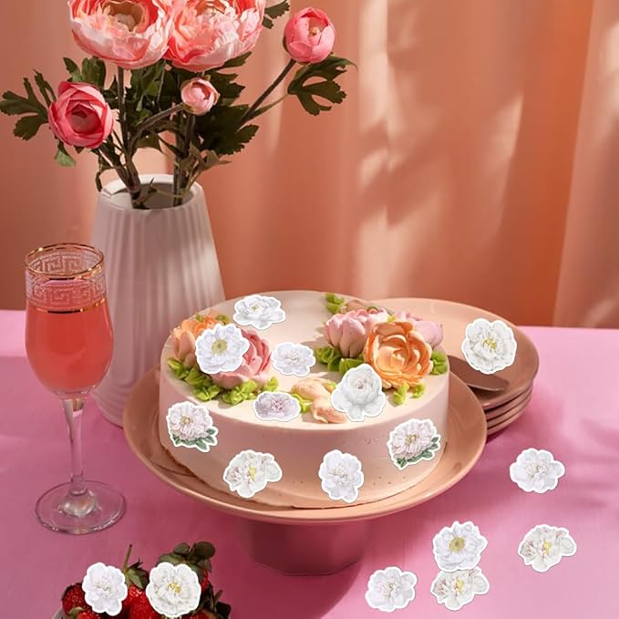 48PCS Edible Rose Flowers Cupcake Toppers Edible White Rose Flowers Cupcake Decor Wafer Paper Wedding Flowers Cupcake Picks for Flowers Theme Engagement Birthday Party Decor Supplies