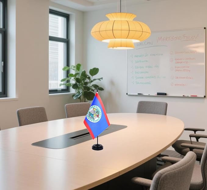 Belize Desk Flag 12" Solid Pole Deluxe Set Belizeans Flags Banner Mini Small Belize Office Table Flags with Black Stand Base Desktop Decorations(2Pack)