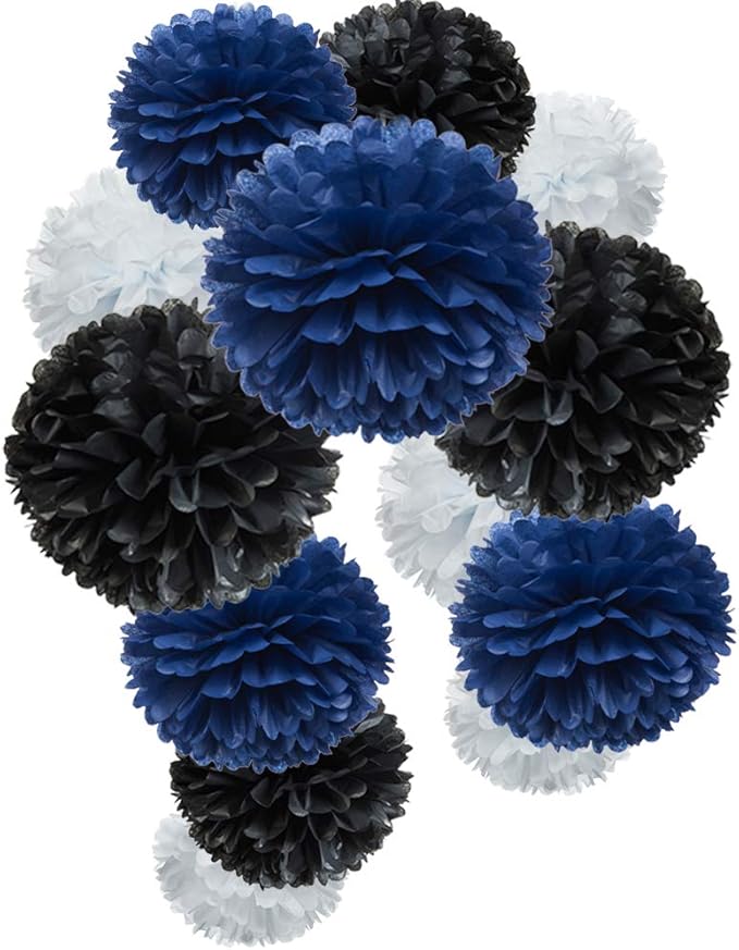 Paper Flower Tissue Pom Poms Graduation and Galaxy Party Favor Flowers (Black,Navy Blue,White,12pc)