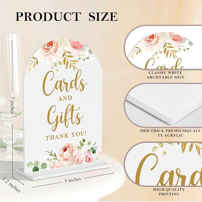 4 Pcs Acrylic Wedding Signs for Reception, Bridal Shower Decorations, Cards and Gifts Signs, Guest Book Sign, Arch Acrylic Table Top Sign with Holder for Wedding Reception (White Pink Flowers)