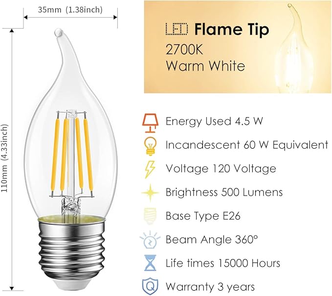 LVWIT Flame Tip LED Filament Bulb Candelabra E26 Base Dimmable 4.5W (60W Equivalent) B11 Chandelier Candle Light Bulb，2700K Warm White 12-Pack