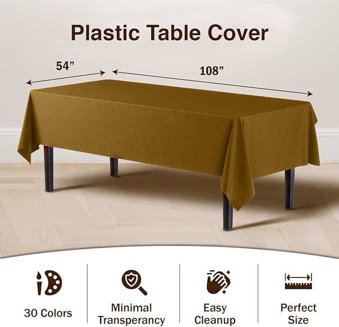 Party Solids Pack Of 12 Premium Plastic Tablecloth 54 Inch x 108 Inch Rectangle Table Cover - Gold