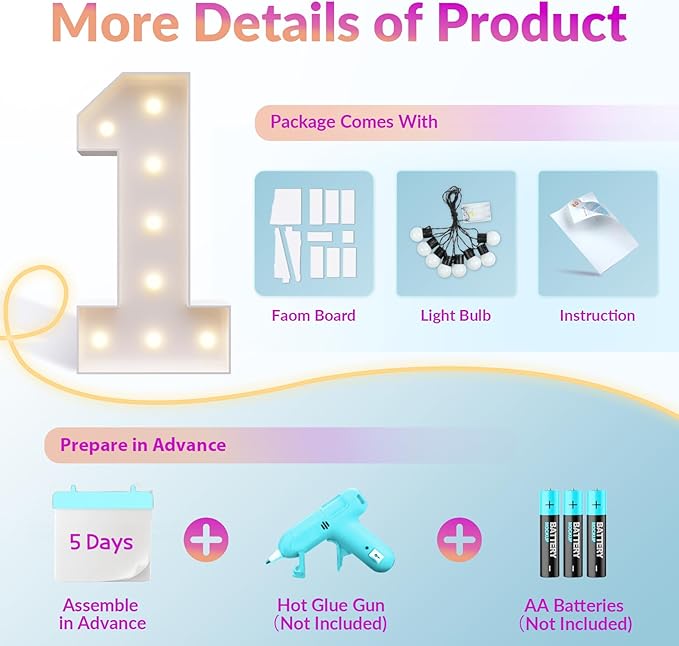JoyMuse Marquee Numbers 3 Feet Tall, Light Up Numbers with Lights, Large Numbers for Party, Number 1 Light Up Numbers for Baby Showe Anniversary Birthday Decorations for Girls Boys