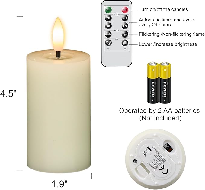 Flameless Candles with Remote Timer, 6 PCS Real Wax LED Votive Battery Operated Candles with 3D Flame, Flickering Pillar Candles for Christmas Home Decororations(Ivory, 4.5” x 1.9”)