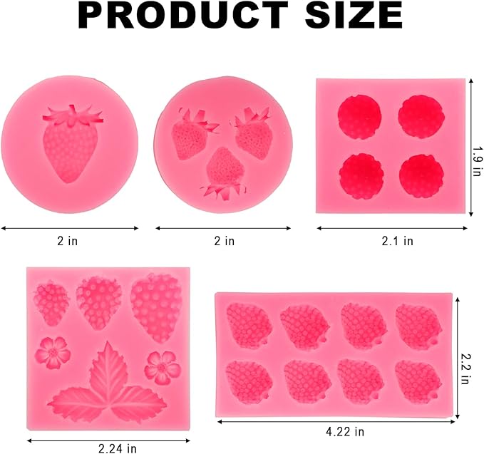 5PCS Strawberry Silicone Molds, 3D Chocolate Fondant Fruit Mold Set for Cake Decoration, Candy, Jelly, Soap, Candle Making (Pink)