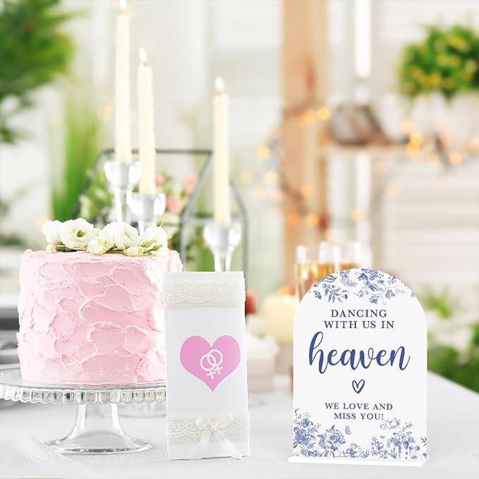 Acrylic Wedding Signs, Dusty Blue Wedding Decor, Blue Weddings Decor, Modern Calligraphy Arch Acrylic Table Top Sign for Weddings Parties Dinners - Dancing With Us in Heaven (White)