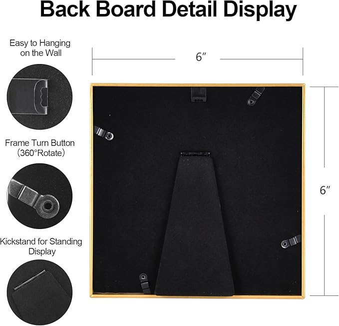6x6 Picture Frame Set of 2, Brass Modern Thin Aluminum Metal Square Photo Frame with HD Glass, Display for Tabletop and Wall, 2 Pack