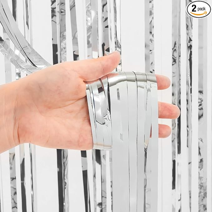 Foil Fringe Curtain Christmas Party Decorations - Silver Metallic Tinsel Photo Booth Backdrop Party Steamers Curtains for 25th Birthdays Decorations Anniversary New Years Eve Bachelorette Parties