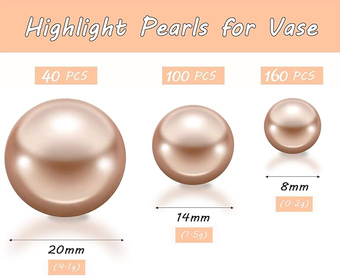 300Pcs Champagne Polished No Hole Faux Pearl Beads for Vase Filling Decorations, Plastic Pearls Vase Fillers, Table Scatters, Wedding Centerpiece, Home Decor, 8/14/20 mm